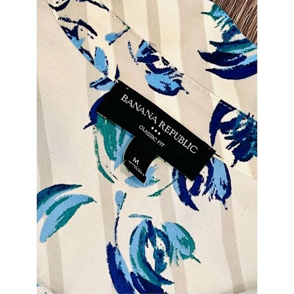 Banana Republic Blue Cream Lattice Floral Print Collar Classic Fit Blouse MEDIUM - Picture 5 of 9